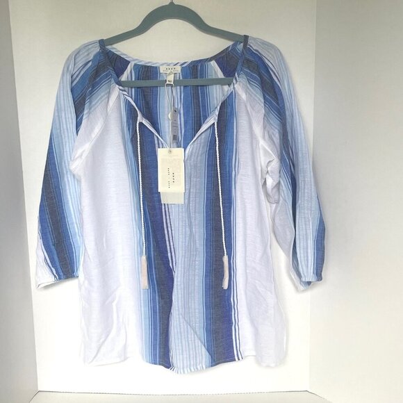 Joie Tunic Blouse Women Small Blue Stripe V-Neck Cotton Lightweight Resort - Picture 2 of 8